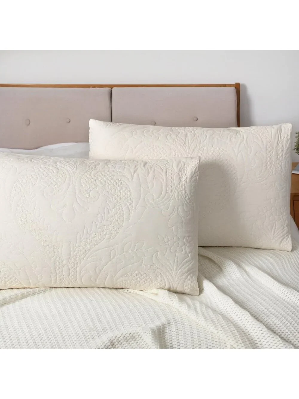 Ivory Damask Quilted Pillow Shams Set of 2 | Embroidered Floral Cotton Cases
